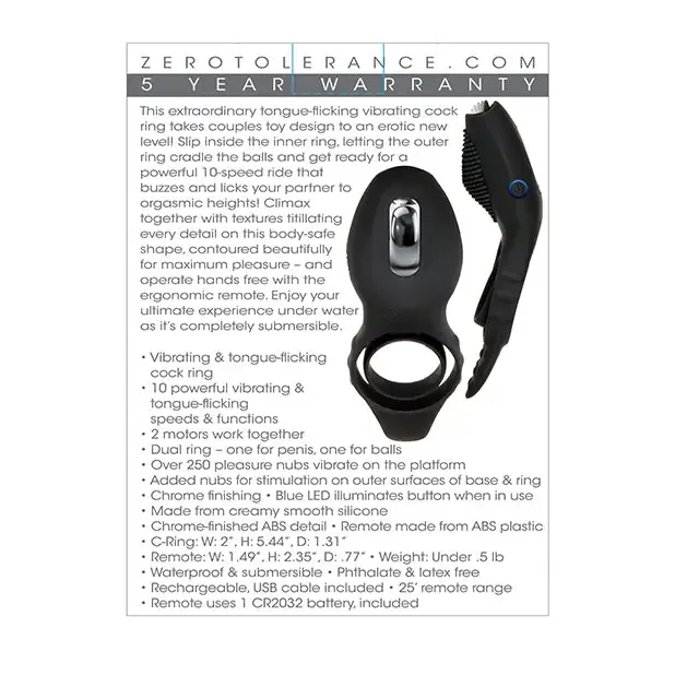 Zero Tolerance Mr Flicker Rechargeable RemoteControlled Flicking Tongue Vibrating Silicone Cockring Black Zero Tolerance Anal